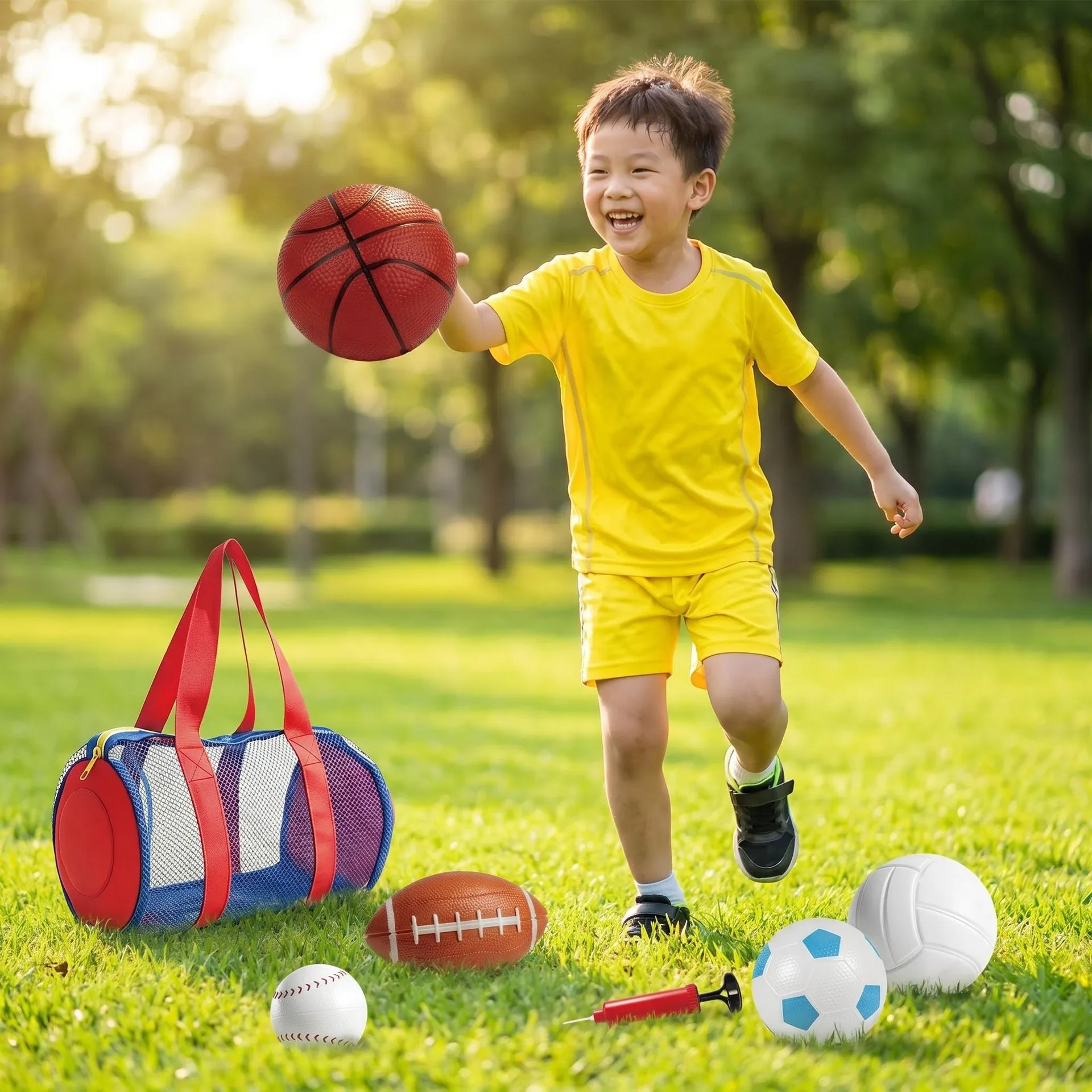 Kids 5-in-1 Elastic Sports Set PVC Inflatable Basketball/Football/Rugby Ball Fun And Interactive Exercise For Indoor And Outdoor