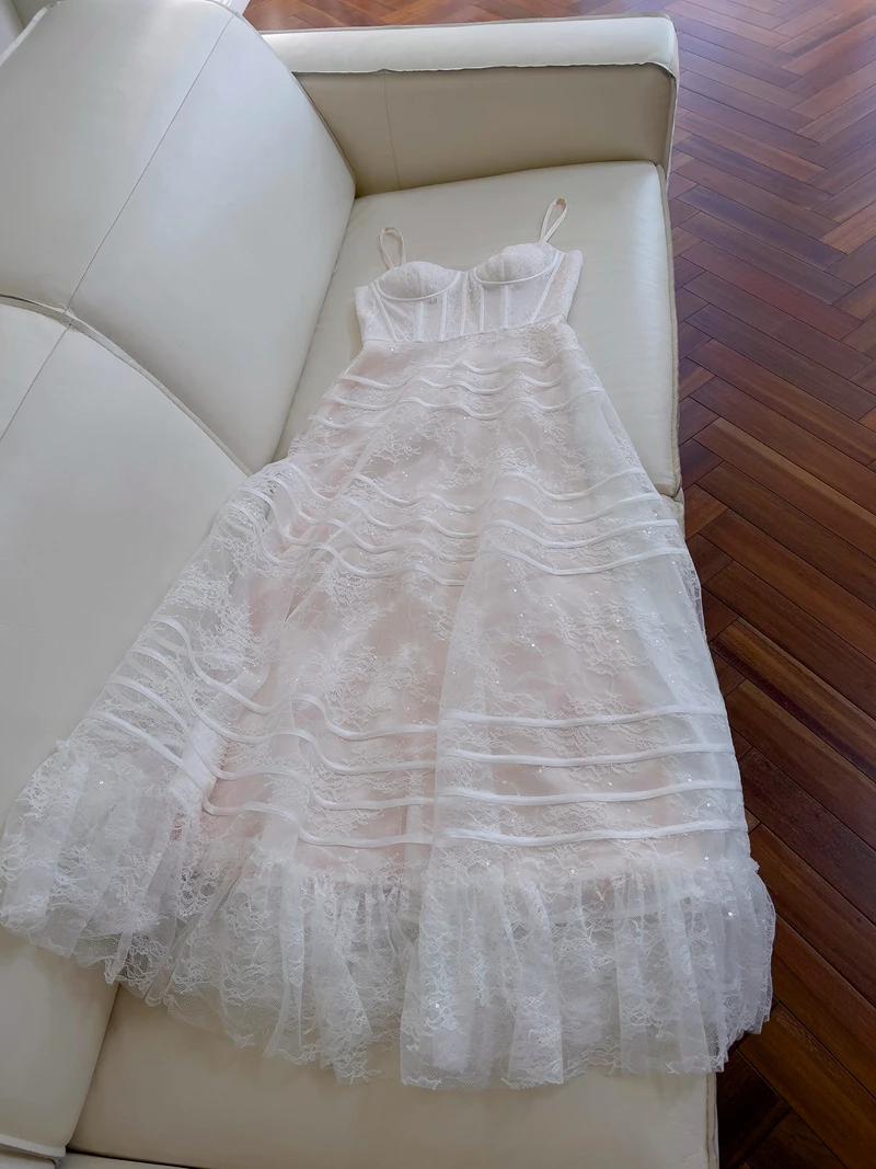 

Elegant White Lace Fishbone Strap Holiday Dress High Waist A-Line Skirt Long Dress for Wedding Date Birthday Daily Use