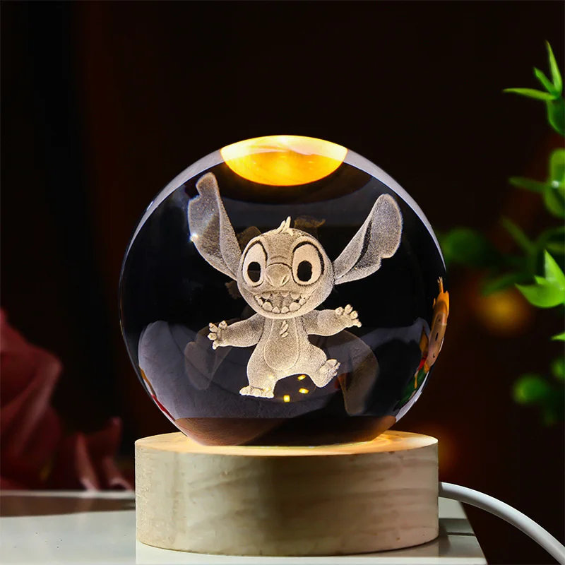 Stitch 6cm 3D Crystal Ball Lilo and Stitch Cartoon Crystal Planet Night Light Laser Carving Desk Decoration Children's Gifts