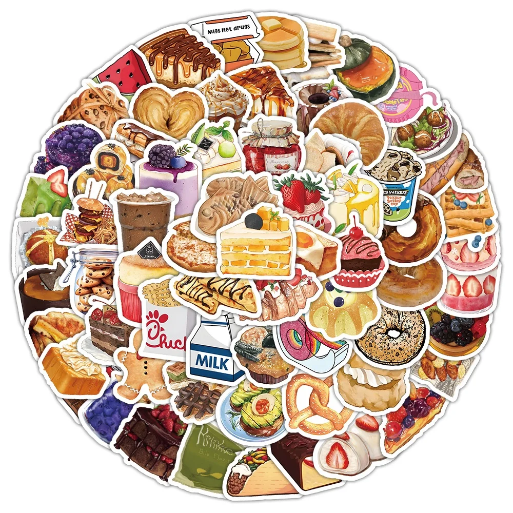 100PCS Realistic Candy Drinks Desserts Bread Snack Packs Graffiti Stickers for Helmet Bicycle Hand Account Pencil Case Decals