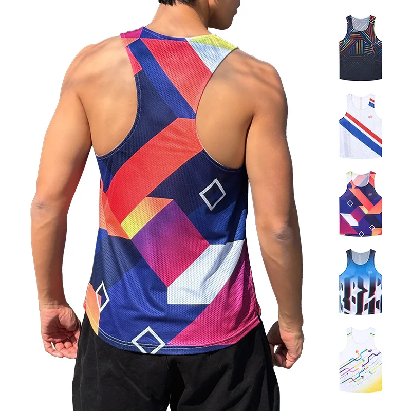 Men's Casual Sports Tank Track and Field Running Vests Breathable Polyester Spandex Washed Sublimation Print Crew Neck Gym Vest