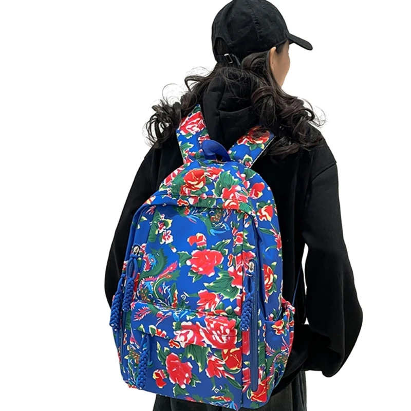 Mochila estilo chino, bolso escolar con estampado flores grandes capacidad