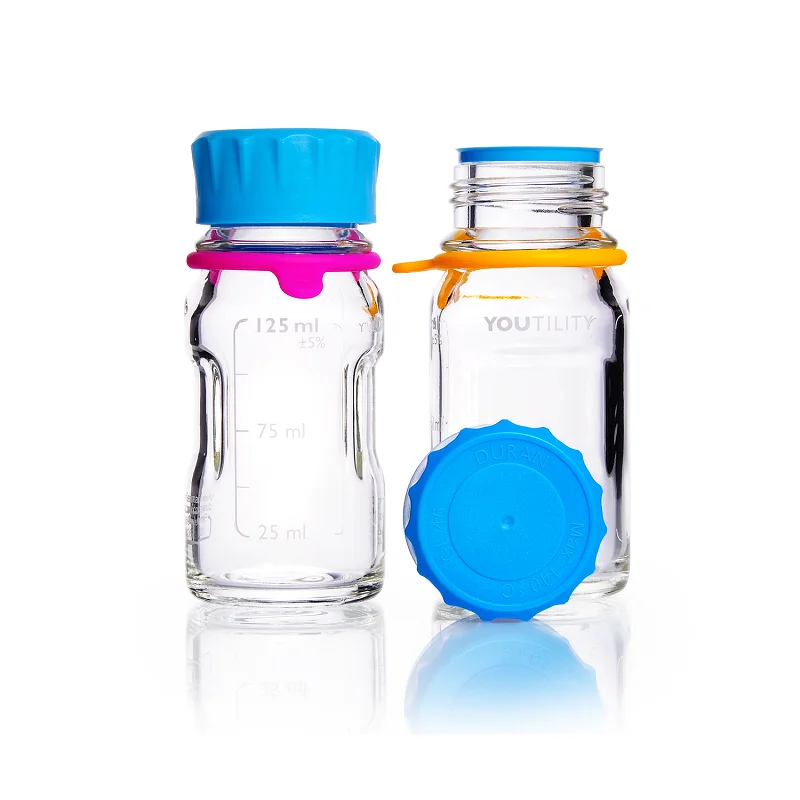 DURAN® YOUTILITY® GL 45 Laboratory Bottle (clear), with screw cap and pouring ring (PP, cyan), with DIN 168-1 thread, graduated