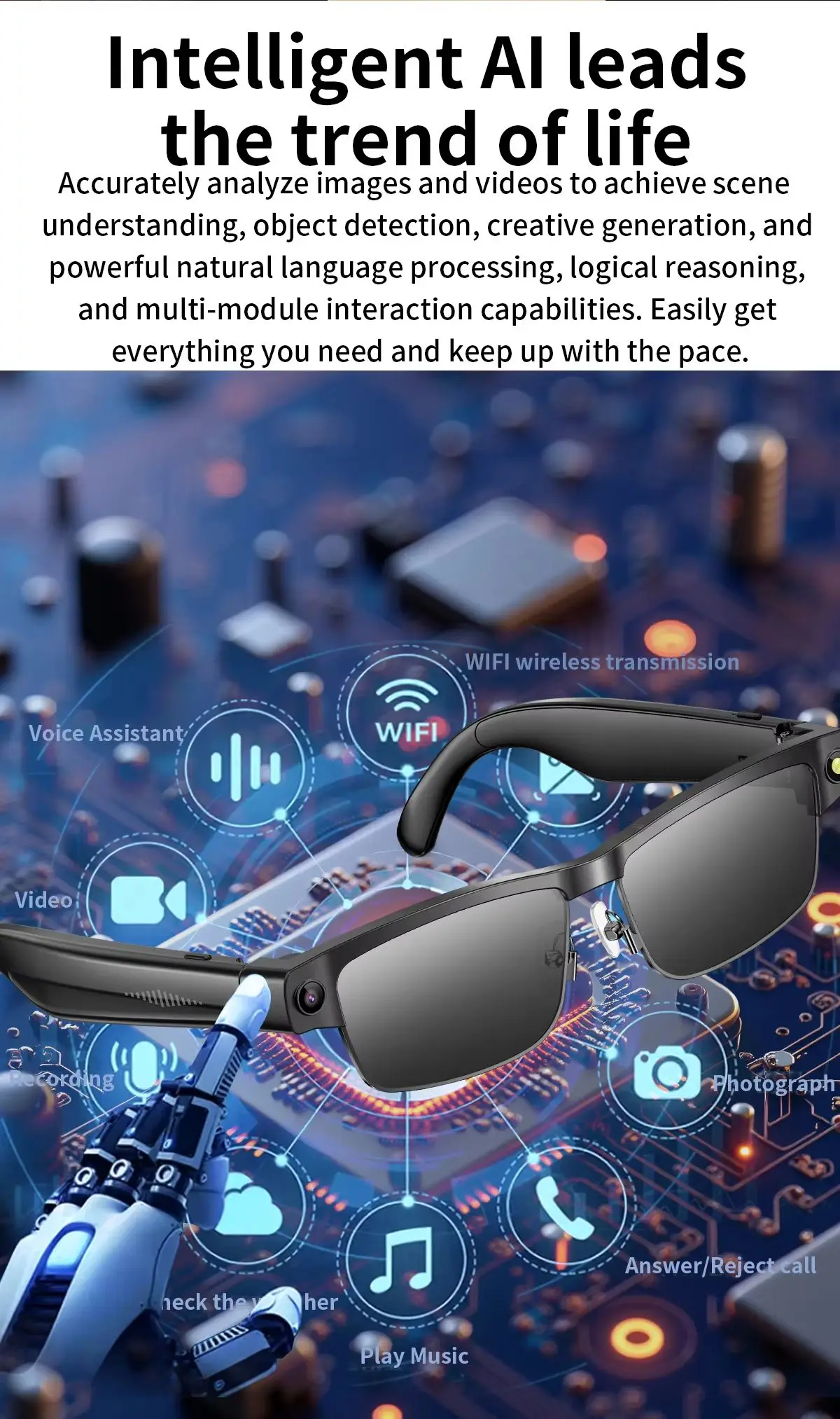 Camera Smart Glasses Photo Video Record BT Call Music Playback Smart Glasses Al Object Recognition Voice Assistant Sunglasses