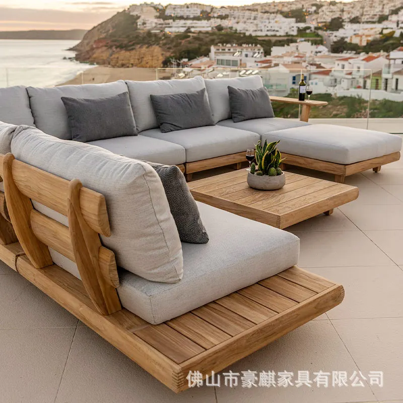 Outdoor solid wood sofa villa courtyard garden hotel sun room designer waterproof sun protection teak sofa combination