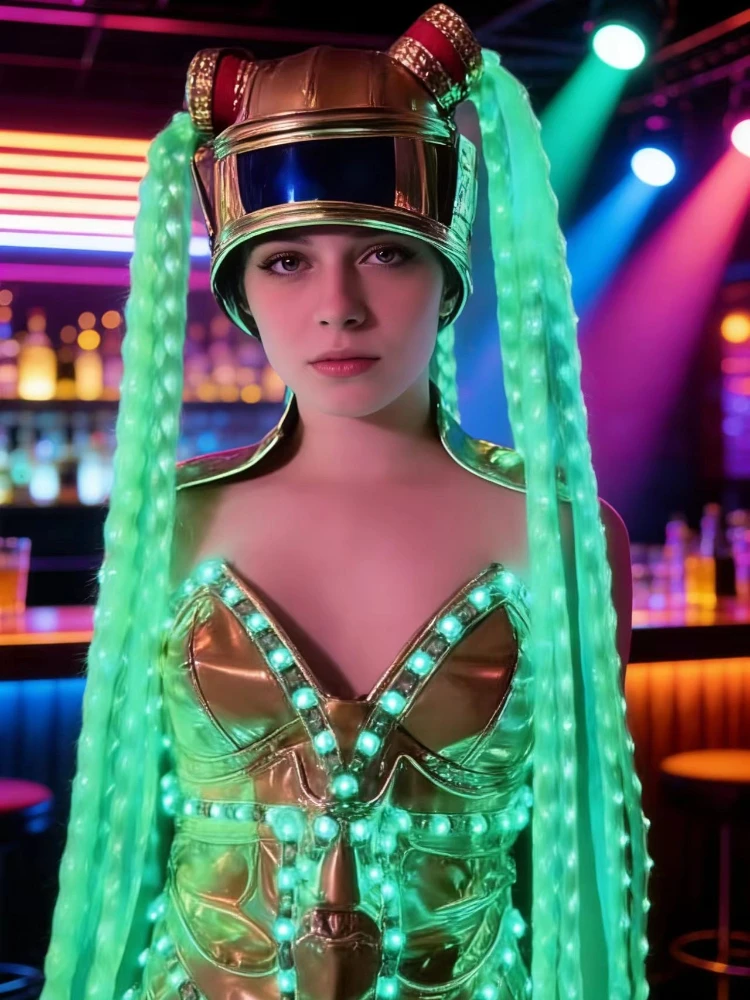 

LED Glowing Women Jumpsuit Fantasy Color Change Costume Long Braids Masquerade Hat Stage Party Nightclub Clothing Cosplay Suit