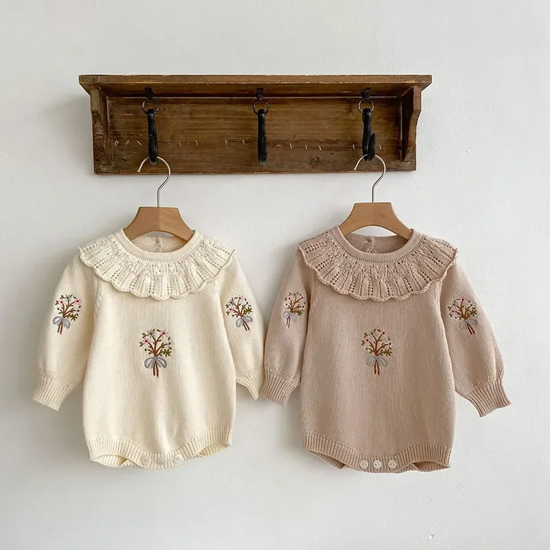 2023 Autumn Baby Girls Clothes Bodysuit Toddler Fine Knit One Piece Embroidery Baby Sweater Jumpsuit