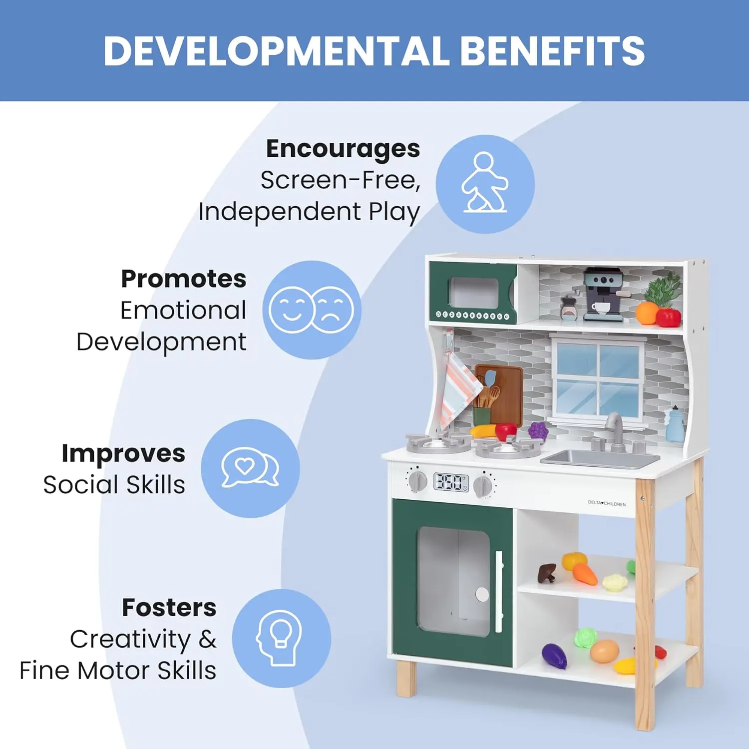 Tiny Chef Play Kitchen - Toy Kitchen Playset with Realistic Knobs That Turn/Click, Oven, Sink, Microwave and 15 Pieces of Play F