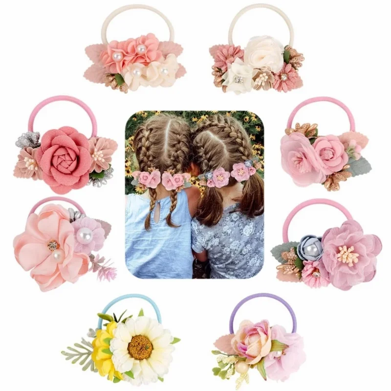 Handmade Flower Elastics Hair Ties For Kids Girls Stretchy Rubber Hairband Slim Headband Scrunchies Ponytail Holder Ring Loop