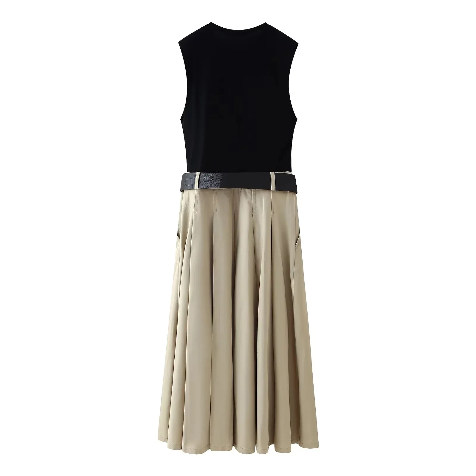 

2025 Woman Dresses Belt Pleated Midi Dress Women Sleeveless Summer Dress Woman Knitted Party Dresses for Women