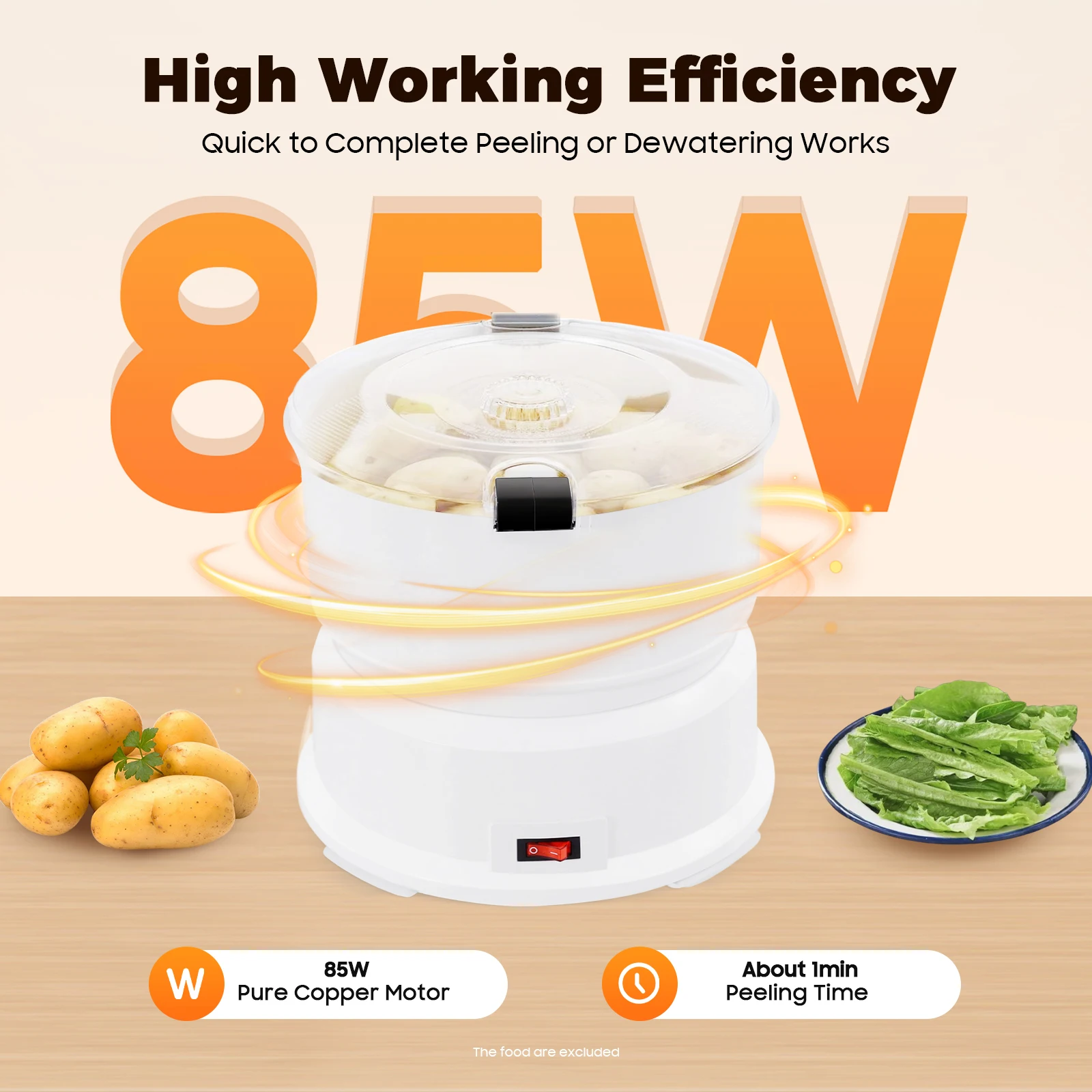Electric Potato Peeler – 85W – 2.2 Lbs Capacity – 1-Min Peeling – Auto One-Button – Also Vegetable Dehydrator – Abs+Stainless Steel – 110V – White