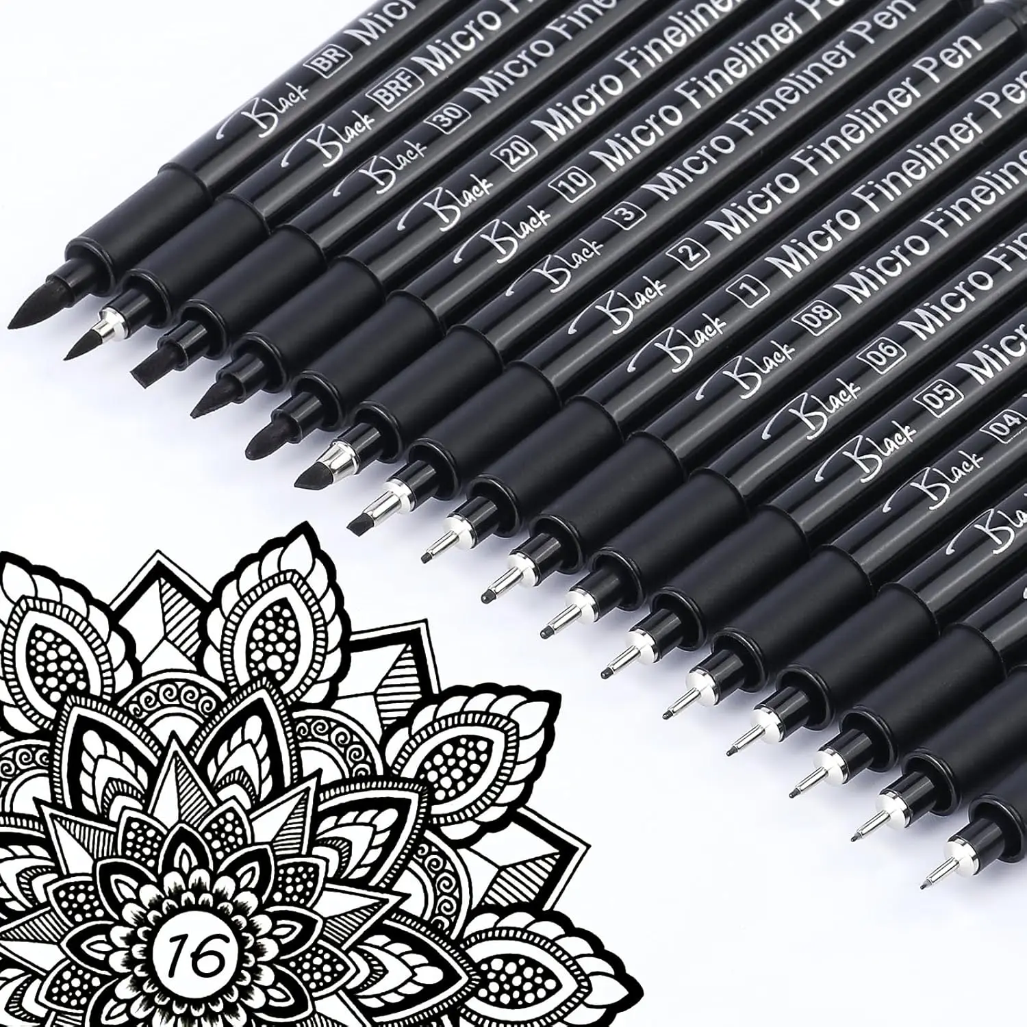 

16 Black Fine Liner Pens Set, Waterproof Archival Ink, Micro Drawing Pens for Artists, Technical Mandala Zentangle Art Supplies