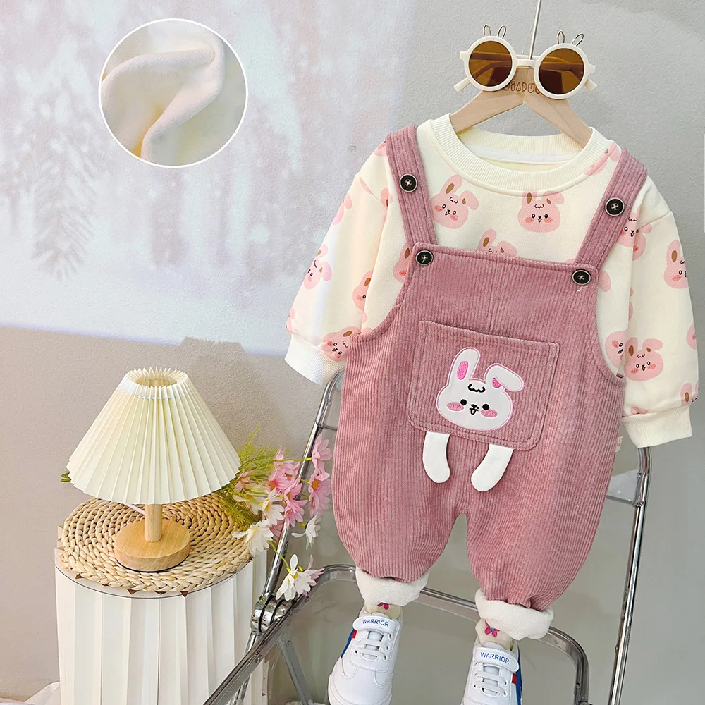 2023 Cute Autumn Winter Baby Boy Clothes Kids 2PCS Clothes Set Long Sleeve Fleece Sweatshirt Cartoon Embroidery Overalls Suit