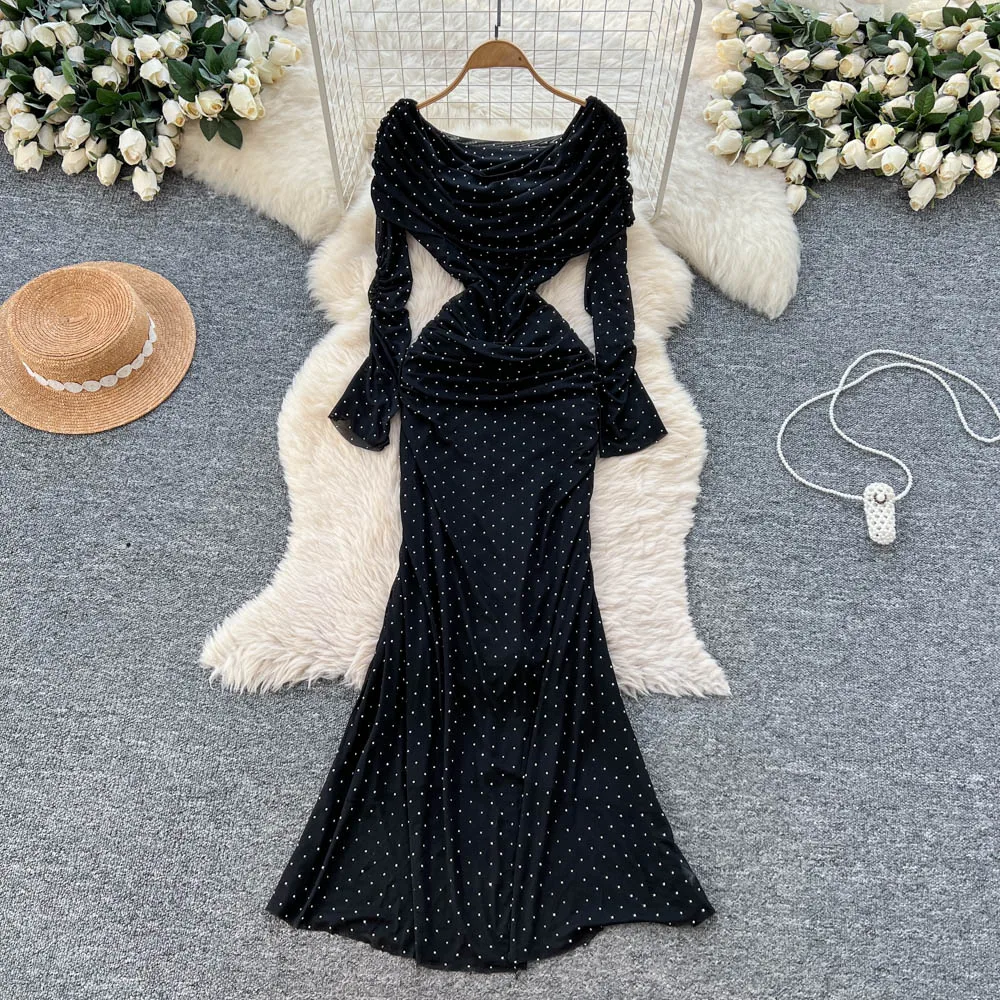 Vestido lápiz Retro elegante con cuello oblicuo y volantes, manga larga, cintura alta, ropa de mujer, vestidos de ceremonia