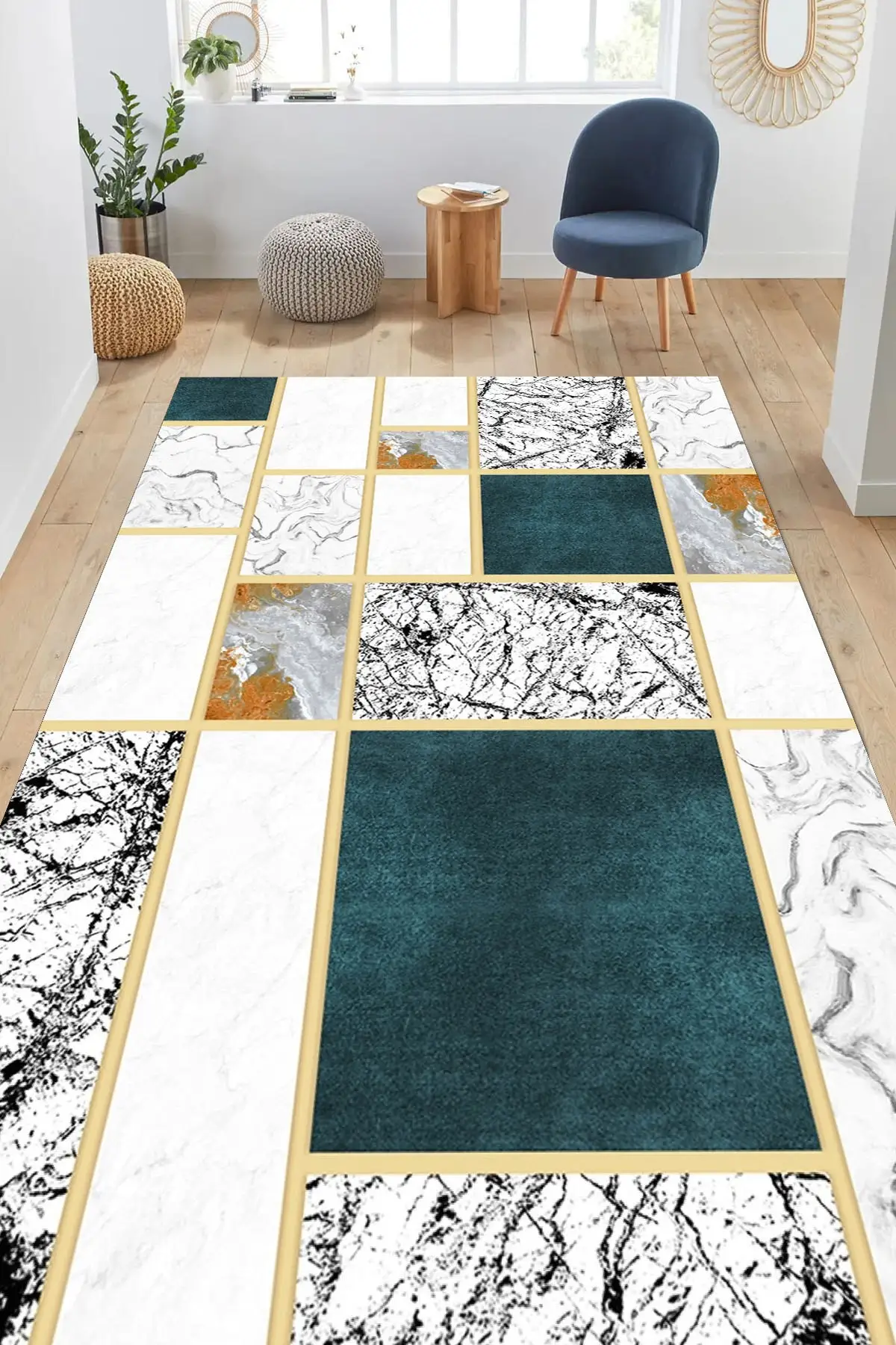 DOLBOVI green cream marble patterned carpet and runner (Dot/felt base carpet)