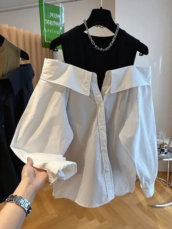 New Off the Shoulder Blouses Women Slim and Loose Tank Top Spliced Long Sleeve Shirts Autumn Round Neck Fashion Shirts Women Top
