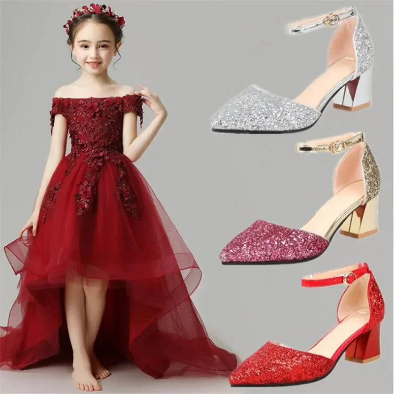 Princess High Heel Shoes For Girls Fashion Princess Kids Party Shoe Girls Chunky Heel Cinderella Shoes