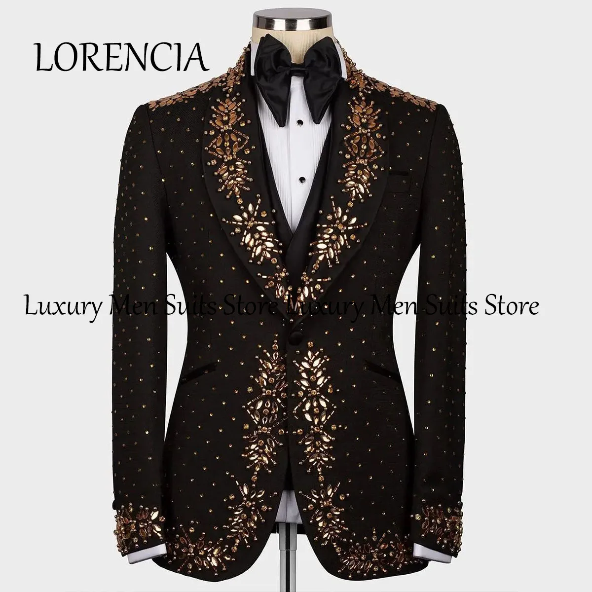 

Luxury Crystal Ornament Tuxedos Men Suits 3 Pieces Wedding Groom Dinner Party Shawl Lapel Male Prom Blazers Ternos Completo