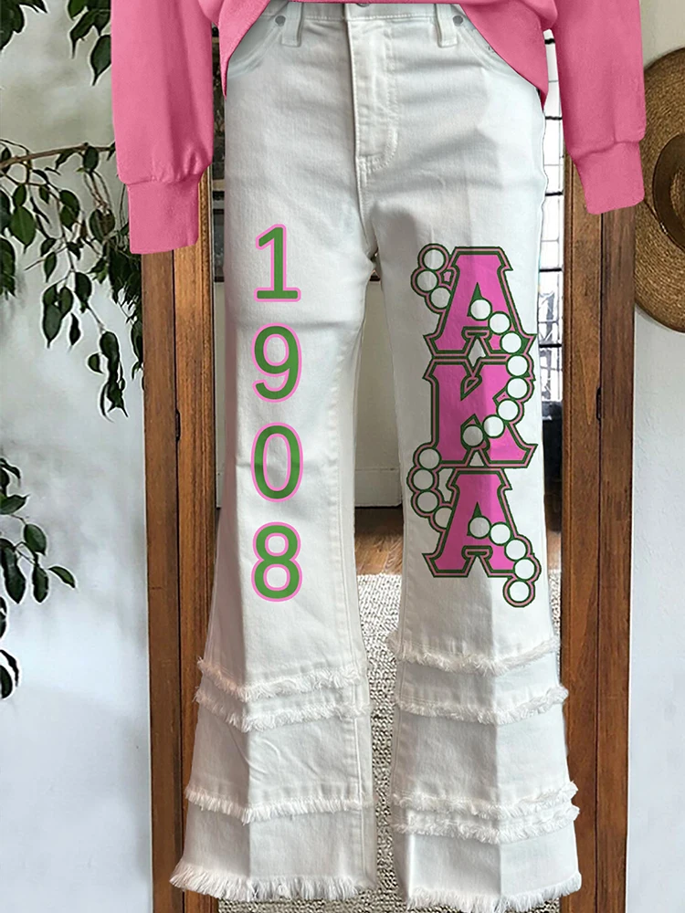 

Alpha Kappa Alpha Sorority Print Raw Hem Pants