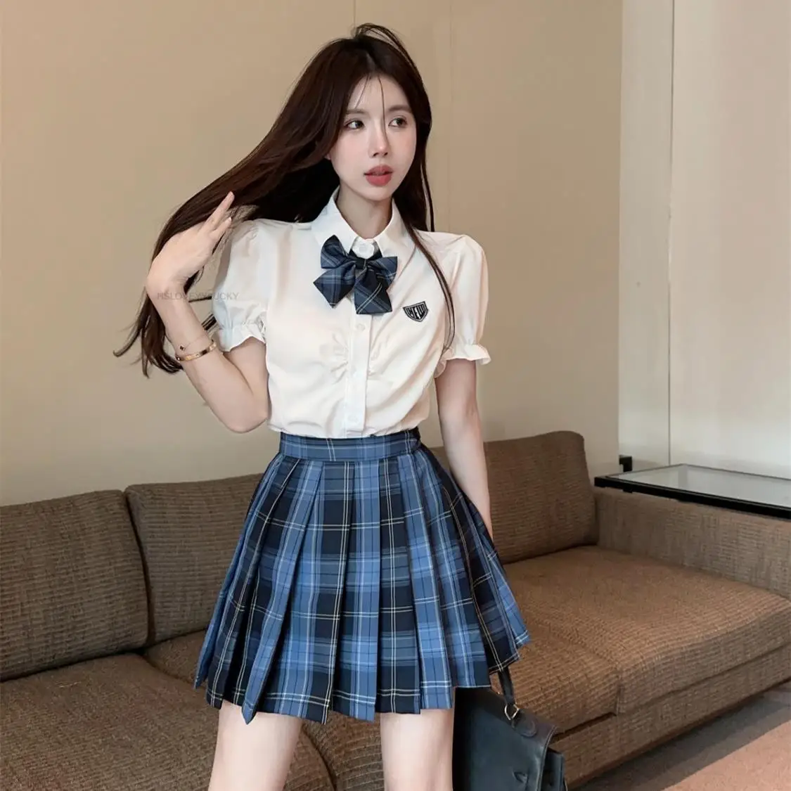 Conjunto de saia plissada xadrez azul de manga curta feminina, uniforme Jk melhorado, camisa de faculdade, estilo japonês e coreano, gostosa Y2k