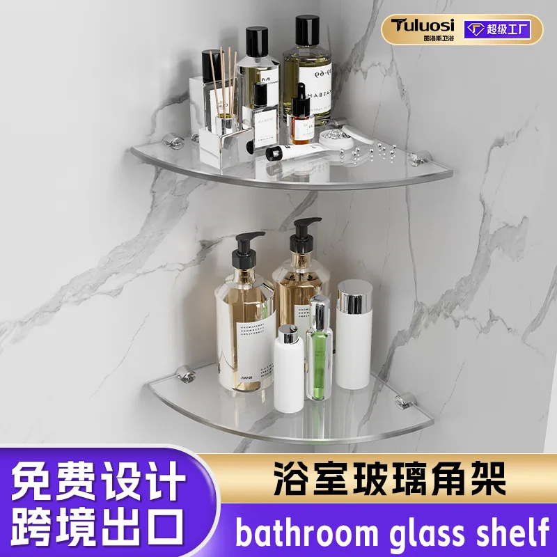 Tempered Glass Corner Bathroom Shelf Stainless Steel Frame Dual Tier Chrome Plated Wall Mounted Shower Organizer Drilled Storage