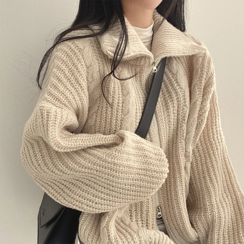 

Women Zipper Cardigan Sweater Casual Knit Sweater Solid Long Sleeve Loose Jacket Office Outerwear Women 2023 Autumn Winter