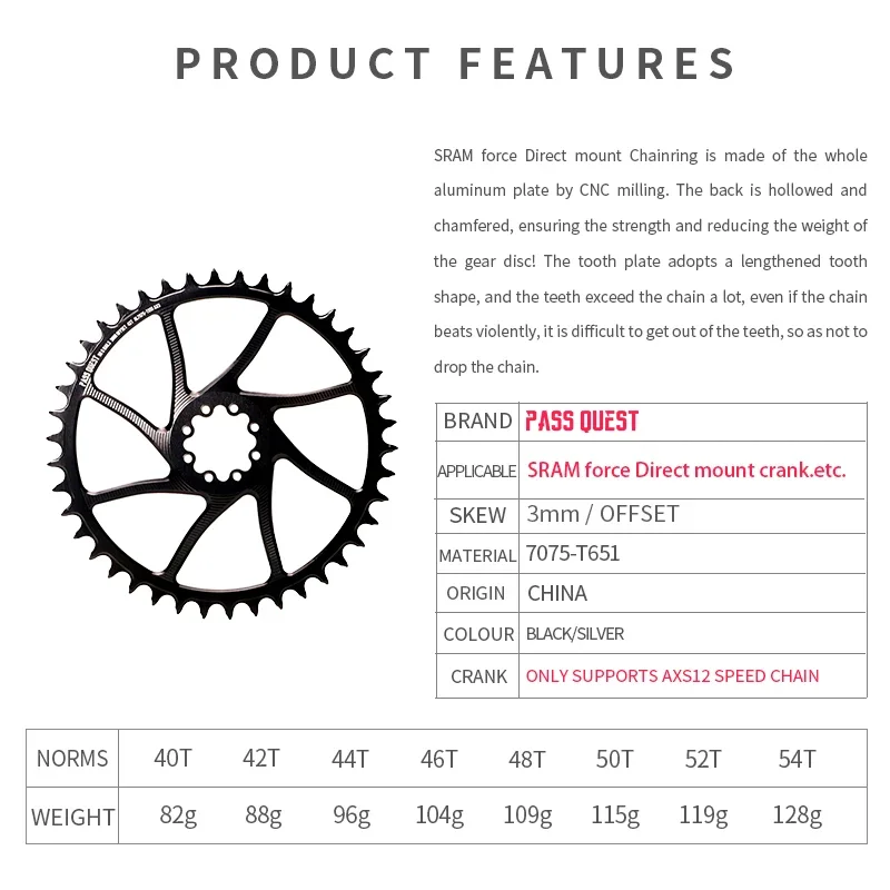 PASS QUEST 8-Nails (3mm offset) Round Narrow Wide Chainring 40-54T for Force/AXS Bicycle Accessories