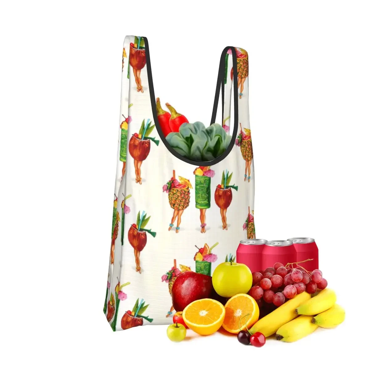 Tiki Cocktail Pin-Up Shopping Bag Portable Tote Bags Reusable Shoulder Shopper Bag Grocery Handbag