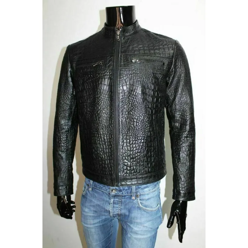 Men's Real Leather Crocodile Embossed Print Jacket Biker Motorcycle Black Jacket