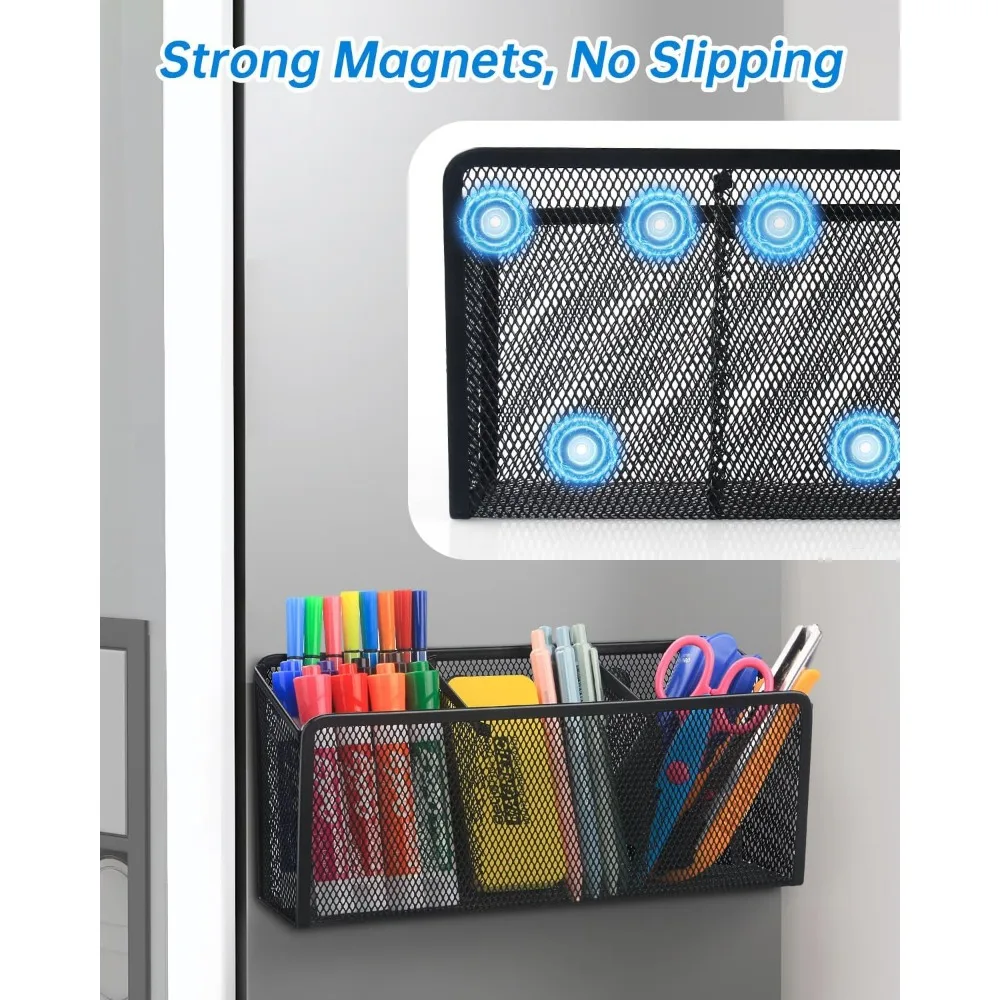 magnetic pencil holder - metal pen holder with strong magnets - storage basket organizer for whiteboard, refrigerator, locker a