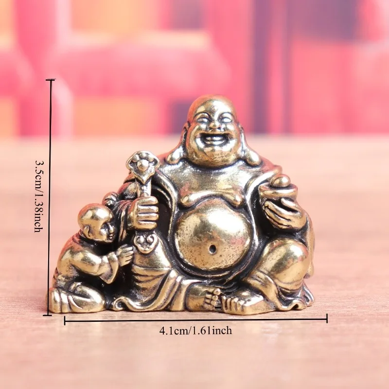 Vintage Brass Maitreya Buddha Figurine, Traditional Chinese Laughing Buddha Statue With Kid, Desktop Tea Pet Ornament