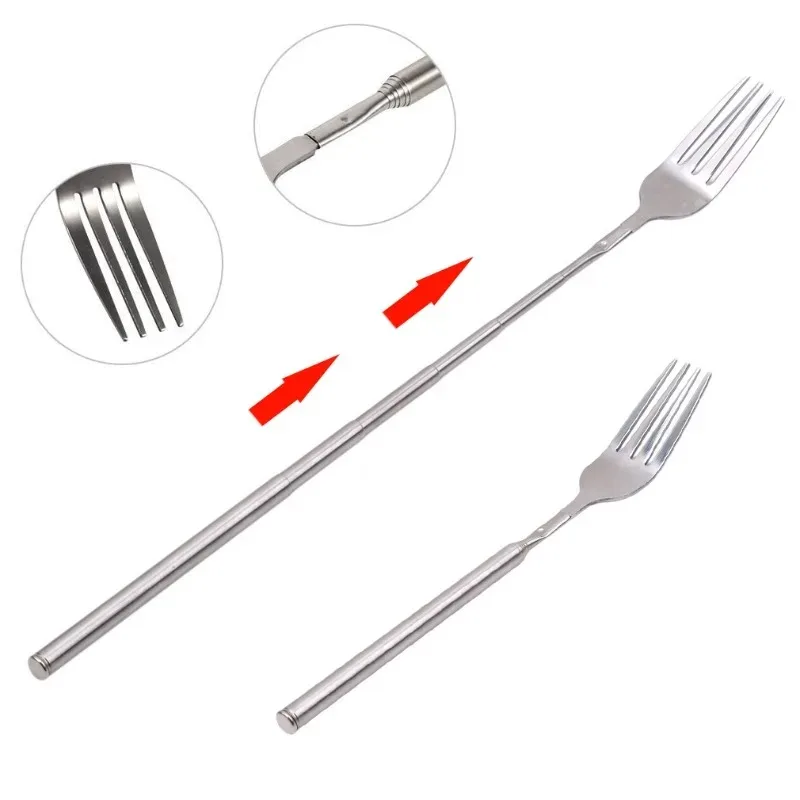 Stainless Steel Fork BBQ Telescopic Extendable Dinner Fruit Dessert Long Handle Fork Tool Adjustable Spoon Bento BBQ Accessories