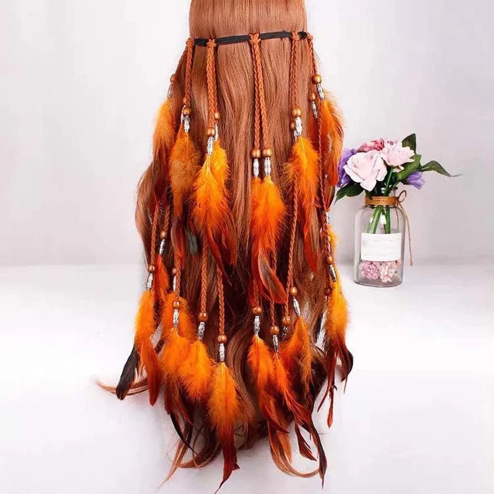 Synthetic Braided Cord Boho Feather Headpiece Adjustable Slide Bead Vibrant Orange Plumage Tribal Hair Extension
