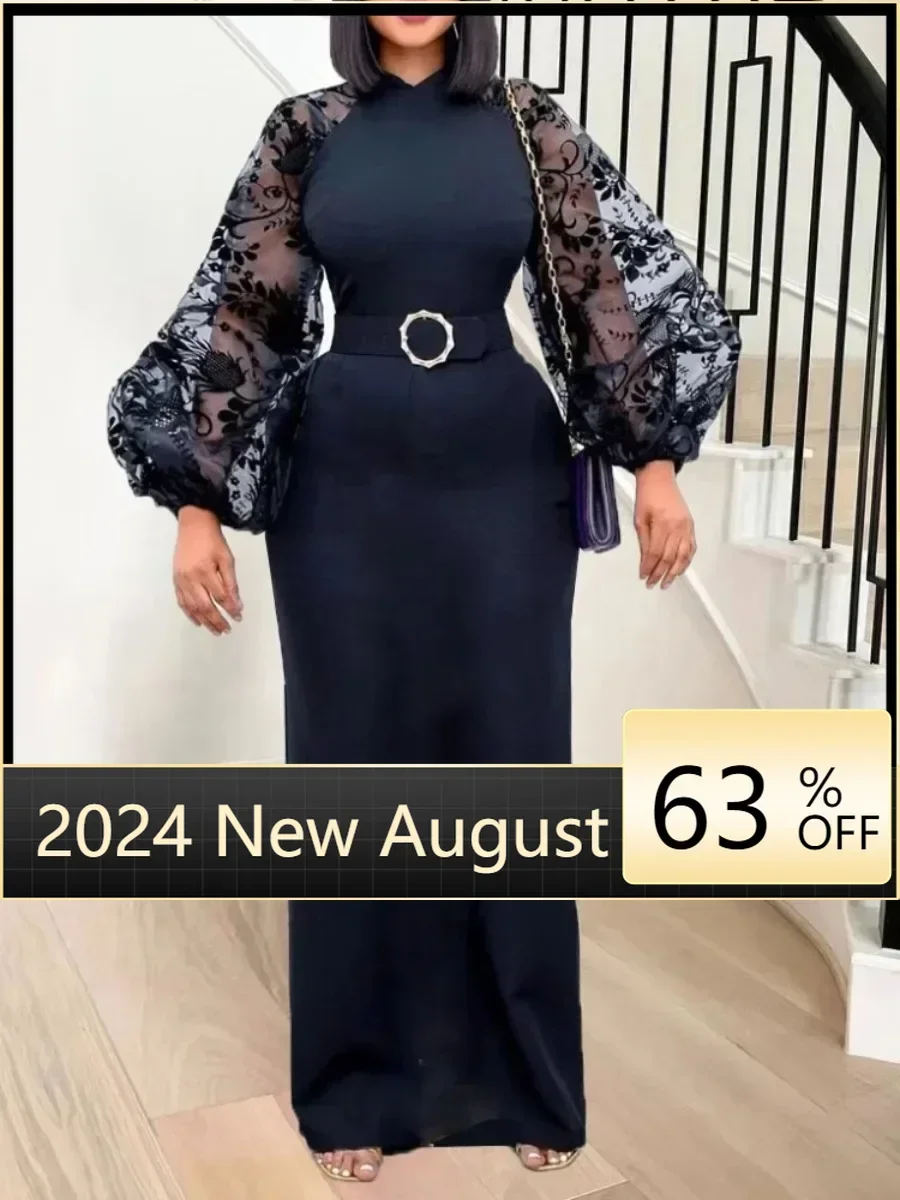 

Women Long Dress Party Patchwork Long Lantern Sleeves See Through High Collar Elegant African Female Black White New Gowns