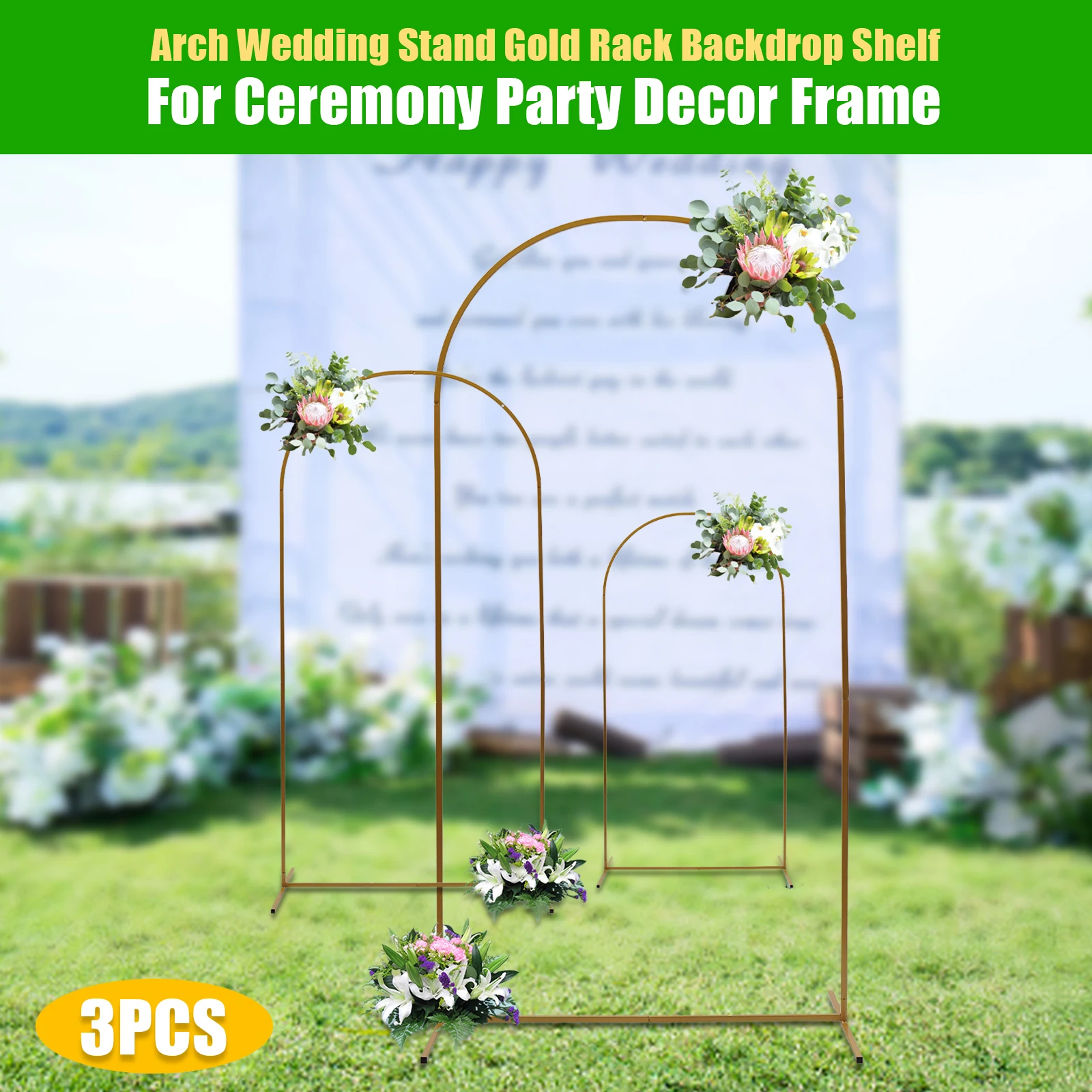 3Pcs Wedding Arch Backdrop Stand White/Gold Metal Backdrop Stand Metalfor Wedding Ceremony Bridal Party Decoration