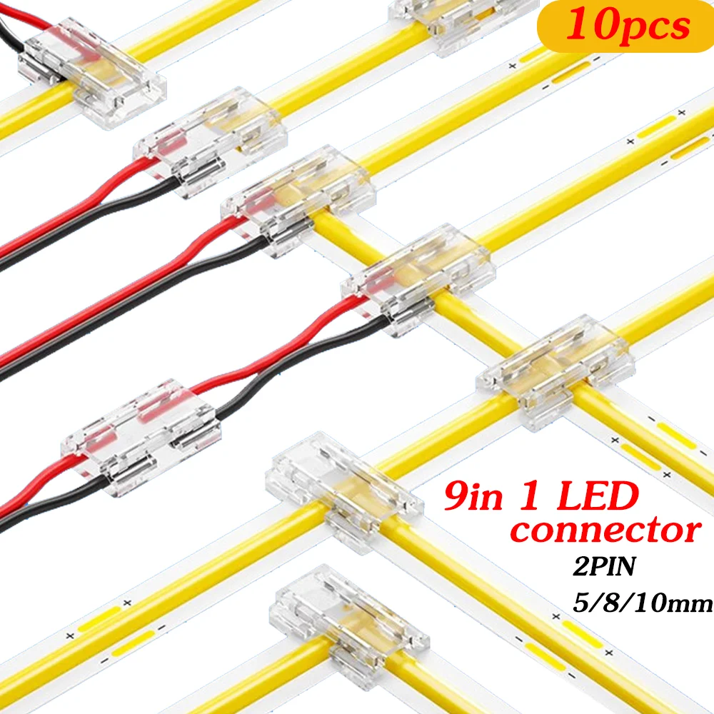 

5mm 8mm 10mm 2pin COB LED Strip Connector Tape Lights 9in1 Transparent Connectors L T X Shape DIY SMD COB 5050 2835 Strip Light
