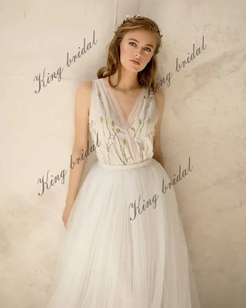 Vestido de noiva com decote em v personalizado marfim sem mangas vestido de noiva tule vestido de casamento aberto nas costas simples vestido de casamento de praia