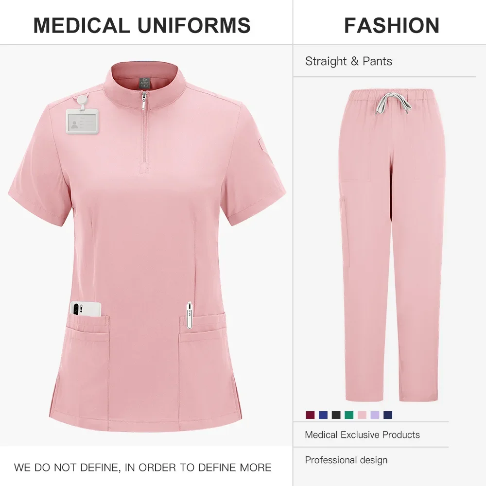 Conjunto de traje exfoliante estéril: cuello alto, cremallera frontal y pantalones rectos, exfoliantes de enfermera para mujeres