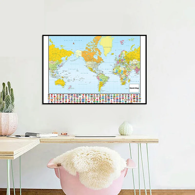 Mapa del mundo para pared, arte detallado, pintura en lienzo sin olor, decoración del hogar, suministros de enseñanza escolar, 84x59cm