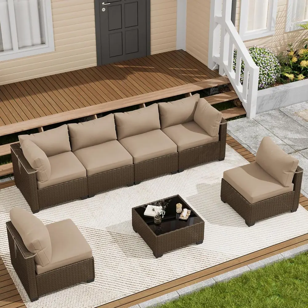 

7-Piece Outdoor Patio Furniture Set, Sectional Sofa, Wicker Rattan, Patio Conversation Set with Coffee Table & Cushions
