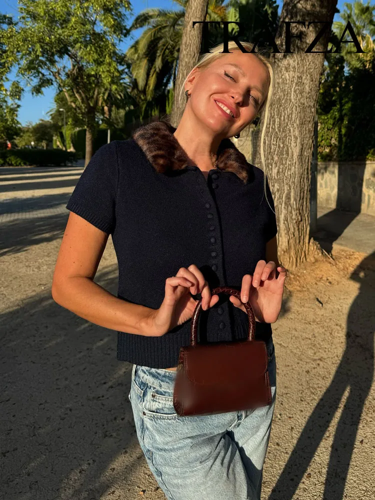 

HH Women Fashion Short Sleeve Cardigan Navy Blue Leopard Print Turn-Down Collar Single-Breasted Female Autumn Casual Tops