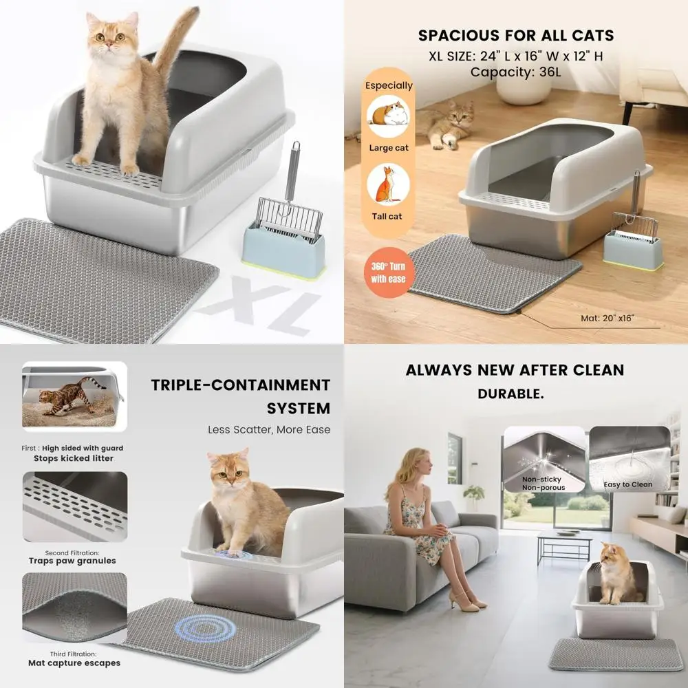 

Extra Large Metal Cat Litter Box with High Sides and Lid, Ideal for Large Cats, Includes Metal Scoop and Mat
