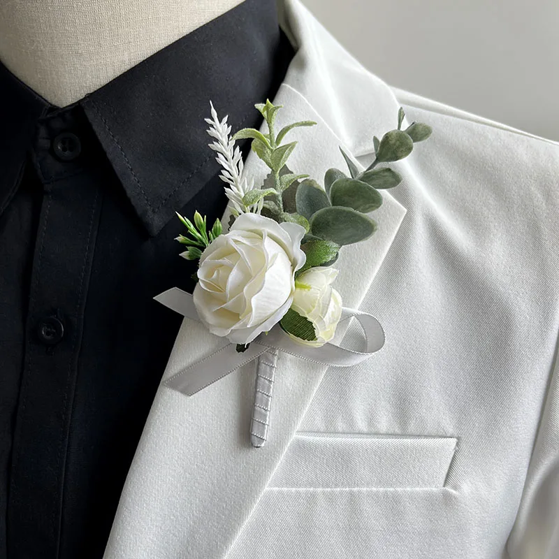 Corpetto sposo Boutonniere accessori da sposa spilla rose di seta fatte a mano braccialetto finto damigelle d'onore Buttonhole fiori Prom Decor