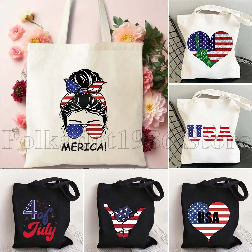 

USA American Flag 4th of July Heart Flag Statue of Liberty Gifts Durable Canvas Funny Tote Bag Shopper Womens Casual Eco Handbag