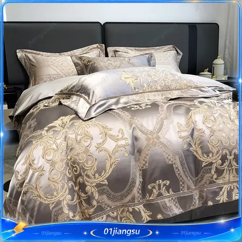 Silver Gray Satin Silky Brocade Jacquard Egyptian Cotton Luxury European Bedding Set Duvet Cover Flat Fitted Sheet