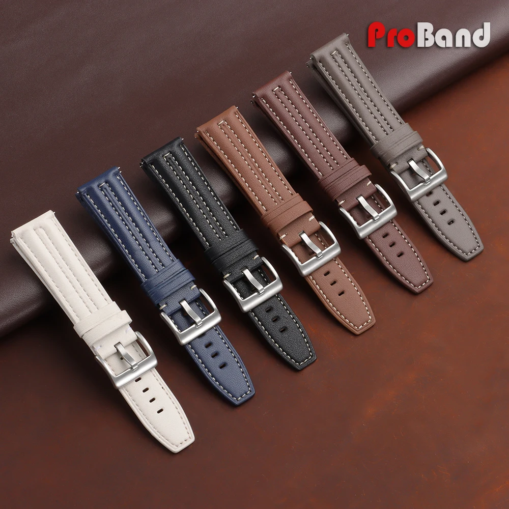 Quick Release Vintage White Gray Brown Leather Watch Band 22mm Stitching Straps for Galaxy Watch 3/4/5/6/7 Bracelet for Seiko