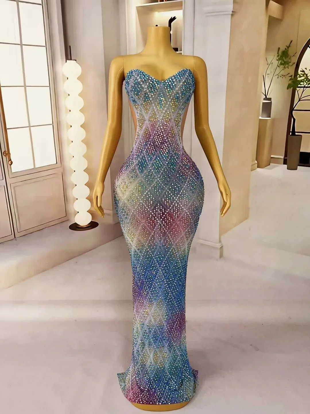 Sexy podium elegante jurk sprankelende kleurrijke strass tube jurk vrouwen avondfeest vieren outfit fotoshoot kostuum