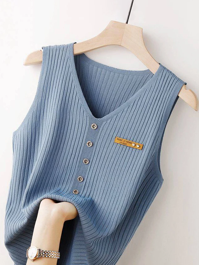 

Slimming Effect V-Neck Button-Up Knitted Vest Women's Fashion Korean Style Sleeveless Innerwear Outerwear Trendy Top
