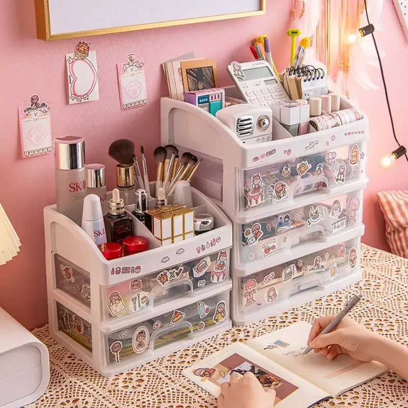 

New Drawer Type Desktop Storage Box 3 Layers Transparent Student Dormitory Miscellaneous Cosmetics Rack Desk Kawaii Organize Box