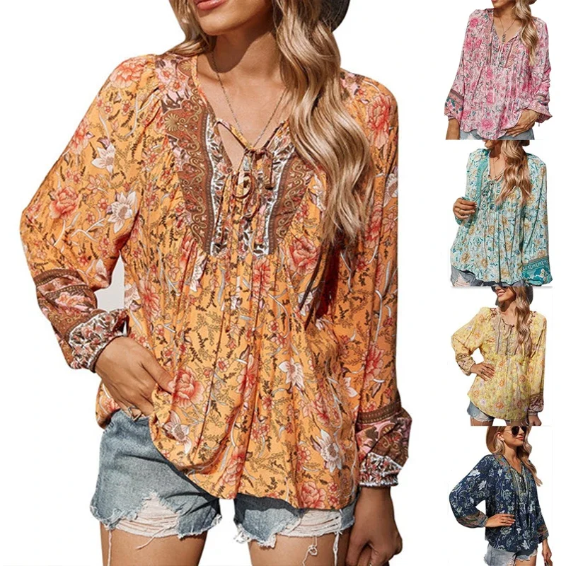 New Summer Thin Ladies Floral Long Sleeve T-shirt Boho Sweet Printed V-neck Loose Tee Holiday Y2K Women's Blouse Women Clothing